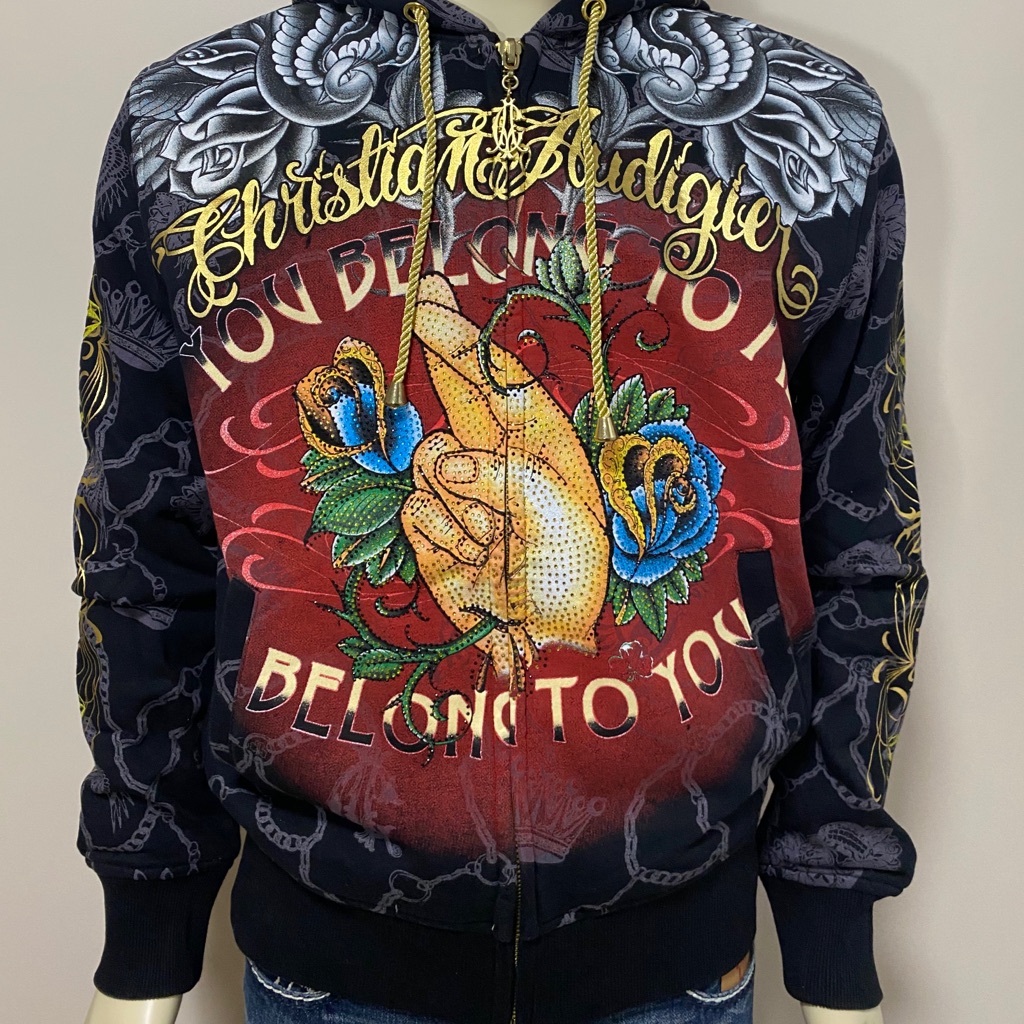 Christian Audigier Men Black Hoodie Love Birds